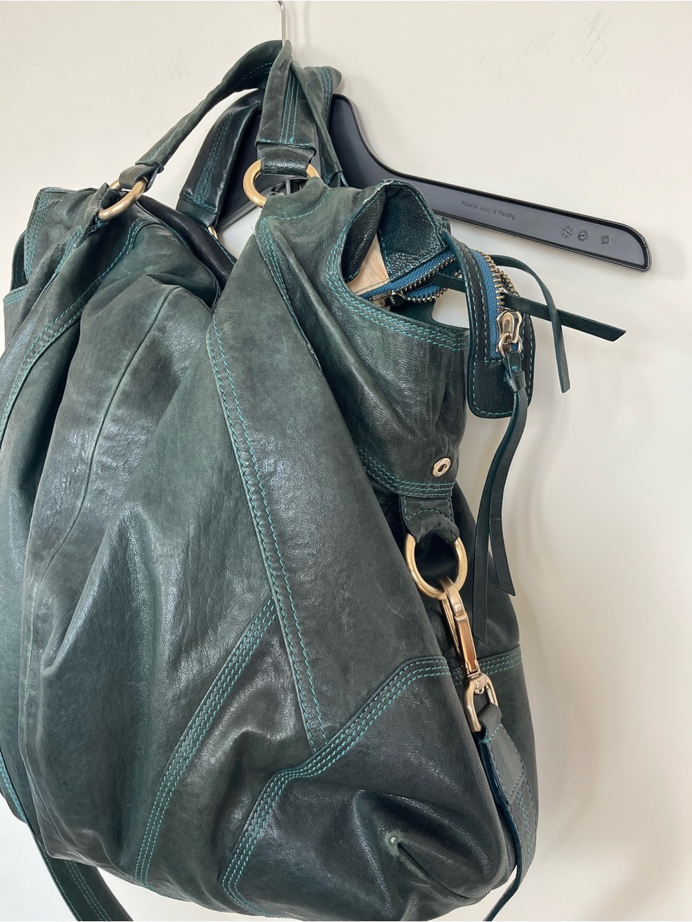 Andrew Marc Distressed Leather Slouch Tote | Oversized Hobo Bag | Teal Color - Picture 2 of 8